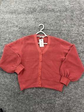 Camaieu Cardigan Sweater Women XL Pink Ballon Sleeve Ribbed Semi Crop N228